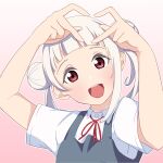  1girl arashi_chisato blunt_bangs collared_shirt commentary_request double_bun dress four-finger_heart_hands grey_dress hair_bun head_tilt heart heart_hands highres looking_at_viewer love_live! love_live!_superstar!! open_mouth pinafore_dress red_eyes red_ribbon ribbon school_uniform shirt simple_background sleeveless sleeveless_dress solo tamagu_eggo teeth tongue upper_teeth_only white_hair white_shirt yuigaoka_school_uniform 