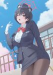  1girl absurdres animal_ears black_hair black_jacket black_pantyhose black_skirt blue_archive blush bow bowtie breasts commentary gloves halo highres jacket large_breasts looking_at_viewer miniskirt miyo12 one_eye_closed open_mouth pantyhose raccoon_ears red_bow red_bowtie red_halo shirt short_hair skirt solo tsubaki_(blue_archive) tsubaki_(guide)_(blue_archive) white_gloves white_shirt yawning 