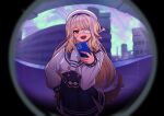  1girl :d absurdres animal_ears beret blonde_hair blue_dress bow colored_inner_hair commentary dog_ears dog_girl dog_tail dress eyepatch fisheye freckles green_eyes grey_hair hair_flaps hair_ribbon hand_on_own_hip hat highres holding holding_phone jewelry long_hair long_sleeves looking_at_viewer medical_eyepatch monitoring_(vocaloid) multicolored_hair necklace nijisanji phone pov_peephole ribbon sailor_collar sailor_jacket shioriha_ruri shioriha_ruri_(3rd_costume) smile solo tail tail_bow tail_ornament virtual_youtuber white_dress white_hat wisespeak 
