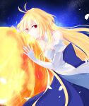  1girl antenna_hair archetype_earth arcueid_brunestud blonde_hair blue_bow bow breast_suppress breasts cleavage detached_sleeves dress dress_bow falling_petals gloves high_collar highres holding leaning leaning_forward long_dress long_hair moon petals red_eyes red_moon sidelocks single_hair_intake solo space star_(sky) sukiniyaru tsukihime tsukihime_(remake) two-tone_dress white_dress white_gloves white_petals white_sleeves 