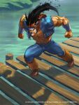  1boy abs belt blue_vest boots brown_hair clenched_hands clenched_teeth company_name day denim fighting_stance full_body headband headbutt jennodiaz large_pectorals muscular muscular_male official_art open_clothes open_vest outdoors pectorals shadow street_fighter teeth third-party_source thunder_hawk vest water white_facepaint 