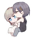  2girls bare_shoulders black_tank_top blue_eyes ceras_yanagida_lilienfeld ceras_yanagida_lilienfeld_(summer_loungewear) closed_mouth deformed dress edel_note expressionless full_body grey_hair hair_ornament hair_ribbon haz invisible_chair jellyfish_cut katsuragi_izumi katsuragi_izumi_(winter_loungewear) long_dress long_hair looking_at_another love_live! love_live!_hasu_no_sora_jogakuin_school_idol_club multiple_girls orange_eyes pink_ribbon profile ribbon simple_background sitting smile tank_top triangle_hair_ornament virtual_youtuber white_background white_dress yuri 