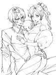  1boy 1girl absurdres bkg0303 bleach breasts cleavage commentary_request dress drill_hair drill_ponytail earrings fur_scarf heart heart_earrings hetero high_ponytail highres inoue_orihime jewelry korean_commentary large_breasts lipstick lipstick_mark lipstick_mark_on_face long_dress makeup monochrome off_shoulder ponytail see-through_cleavage see-through_clothes side_slit sitting sitting_on_lap sitting_on_person ulquiorra_cifer 
