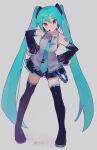  1girl absurdres artist_name bare_shoulders black_boots black_skirt black_sleeves blue_eyes blue_hair blue_necktie boots chinese_commentary closed_mouth collared_shirt commentary_request detached_sleeves double-parted_bangs full_body grey_background grey_shirt hair_between_eyes hands_on_own_hips hatsune_miku highres long_hair long_sleeves looking_at_viewer miniskirt necktie pleated_skirt shirt simple_background skirt sleeveless sleeveless_shirt solo standing thigh_boots tie_clip twintails very_long_hair vocaloid yihi zettai_ryouiki 