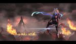  1girl animal_ears ashisi bad_id bad_pixiv_id bad_source belt_pouch black_bodysuit black_jacket blue_eyes blue_scarf bodysuit cropped_jacket fake_animal_ears fire grey_hair highres holding holding_sword holding_weapon jacket original pouch ruins scarf solo sword weapon 