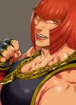  1girl black_gloves blunt_ends chain chain_necklace clenched_hand fingerless_gloves gloves gold_chain grey_background jewelry light_particles looking_at_viewer marisa_(street_fighter) muscular muscular_female necklace open_mouth red_hair red_lips red_nails saida_nika short_hair simple_background slit_pupils solo street_fighter street_fighter_6 yellow_eyes yellow_trim 