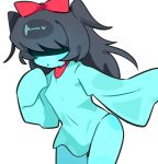  1girl :o aqua_(deltarune) aqua_dress aqua_skin black_hair bow colored_skin commentary deltarune dress head_bow highres muki0919 red_bow red_scarf scarf shaded_face short_twintails simple_background solo twintails utdr_(toby_fox) white_background 