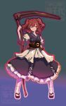  1girl black_dress closed_mouth commentary dress full_body geta hair_bobbles hair_ornament looking_at_viewer m24kikuchiyo obi onozuka_komachi outline red_hair red_outline sash short_hair smile socks solo standing touhou two_side_up white_socks 
