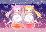  bare_shoulders bishoujo_senshi_sailor_moon blonde_hair blue_background blue_eyes chibi chibi_usa crescent double_bun dress facial_mark food forehead_mark frills gradient gradient_background long_hair looking_at_viewer macaron multiple_girls older pink_hair princess_serenity purple_background red_eyes small_lady_serenity smile star starry_background strapless strapless_dress tsuki_usagi tsukino_usagi twintails white_dress 