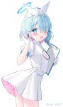  1girl :o arona_(blue_archive) ass blue_archive blue_eyes blue_hair blue_halo blush bow_hairband braid breasts cleavage commentary_request dress from_side gloves hairband halo hat highres looking_at_viewer looking_to_the_side medium_hair nurse nurse_cap one_eye_closed saeki_sora short_sleeves side_braid simple_background small_breasts solo white_dress white_gloves 