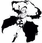  1girl bell braid chain cloak closed_mouth commentary_request curse_maker curse_maker_2 full_body greyscale hair_between_eyes hood hood_up hooded_cloak leg_up leg_wrap long_hair looking_ahead medallion monochrome sekaiju_no_meikyuu sekaiju_no_meikyuu_1 simple_background solo toritori turning_head twin_braids white_background 