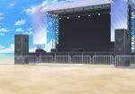  banner beach blue_archive blue_sky cloud day fence game_asset highres no_humans non-web_source ocean official_art outdoors railing ring_of_light_(blue_archive) sand scaffolding scenery screen sky speaker spotlight stage stage_lights 
