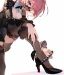  1girl absurdres black_dress black_shrug black_thighhighs breasts cleavage commentary dress high_heels highres looking_at_viewer mask medium_hair merah_drow mouth_mask multicolored_nails official_alternate_costume pink_hair purple_eyes remielle_dan remielle_dan_(moonlight_whispers) see-through_clothes see-through_mask shrug_(clothing) simple_background smile solo thighhighs thighs white_background zenless_zone_zero 