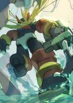  1boy 1other arm_cannon armor blonde_hair commentary_request from_behind gun helmet highres holding holding_gun holding_weapon long_hair male_focus mega_man_(series) mega_man_zero_(series) omochi_(mochi_skymega) pantheon_(mega_man) pov pov_hands red_armor red_helmet running solo_focus water weapon zero(z)_(mega_man) zero_(mega_man) 