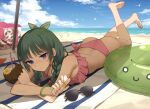  1girl ass barefoot beach beach_towel bikini bird blue_eyes blue_sky bottle bow bracelet braid closed_mouth cloud commentary_request day drinking_straw feet feet_up flower freckles frilled_bikini frills green_hair hair_bow highres holding holding_bottle horizon innertube jewelry kusuriya_no_hitorigoto long_hair looking_at_viewer lotion lying maomao_(kusuriya_no_hitorigoto) nail_polish ocean on_stomach outdoors pink_bikini profnote sand seagull shade sky soles solo sunglasses sunscreen swim_ring swimsuit the_pose toes towel twin_braids umbrella unworn_eyewear 