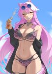  1girl animal_ear_fluff animal_ears animal_print beach bikini black_bikini black_choker black_hoodie blue-tinted_eyewear blue1223s blush bow_necklace breasts cat_o-ring choker cleavage collarbone commentary day english_commentary eyewear_on_head grey-framed_eyewear grin groin hair_intakes highres hololive hololive_english hood hoodie jewelry large_breasts leopard_print leopard_print_bikini long_hair long_sleeves looking_at_viewer lotion_bottle multicolored_hair navel necklace o-ring o-ring_thigh_strap ocean panther_ears panther_girl panther_tail pink_bikini pink_hair pink_tail print_bikini raora_panthera single_bare_shoulder smile solo stomach streaked_hair sunglasses swimsuit tail teeth thigh_strap thighs tinted_eyewear two-tone_hair virtual_youtuber yellow_eyes 