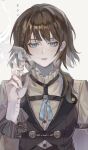  1girl absurdres blue_eyes brown_hair brown_vest chinese_commentary cigarette commentary_request earrings fors_wall gold_earrings highres holding holding_cigarette jewelry long_sleeves lord_of_the_mysteries open_mouth samuelphelps smoke smoking solo vest 