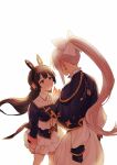  2girls animal_ear_headphones animal_ears backlighting black_capelet black_gloves black_hair bow capelet collared_shirt commentary earrings fake_animal_ears from_behind gloves grey_hair hair_bow headphones height_difference higuchi_kaede jewelry long_hair long_sleeves looking_at_another matching_outfit_(nijisanji) multiple_girls nijisanji ponytail rabbit_ear_headphones rabbit_ears shirt simple_background skirt soramame_(corndog) tsukino_mito virtual_youtuber white_background white_shirt white_skirt wing_collar 