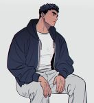  1boy bara black_hair blue_hoodie closed_mouth feet_out_of_frame grey_background grey_pants highres hood hoodie kalium_(jojajoja99999) looking_to_the_side male_focus muscular muscular_male navel open_clothes open_hoodie original pants pectorals shirt short_hair simple_background sitting solo thick_eyebrows veins veiny_hands white_shirt 