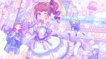  4girls :t ;) ;t blue_dress blush brown_hair card_commentary commentary_request dress food fukuda_noriko game_asset holding holding_food idolmaster idolmaster_million_live! idolmaster_million_live!_theater_days kitazawa_shiho leg_up looking_at_viewer mochizuki_anna multiple_girls official_alternate_costume official_art ok_sign one_eye_closed short_hair side_ponytail smile standing standing_on_one_leg star_(symbol) takoyaki third-party_source yokoyama_nao 