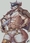 1boy abs absurdres animal_ears another_eidos-r armpit_hair bara biceps bulge claws clenched_teeth commentary cross_scar disembodied_hand english_commentary fangs full_house_(another_eidos) furry furry_male grey_fur highres looking_down male_focus muscular muscular_male navel nipple_chain nipple_piercing nipples pawpads pectorals piercing scar signature tail teeth wolf_boy wolf_ears wolf_tail zarukuru 