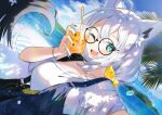  1girl :d ;d absurdres animal_ear_fluff animal_ear_piercing animal_ears aqua_eyes blue_overalls blue_sky borumete bracelet braid breasts cloud commentary_request cup day double-parted_bangs dutch_angle fox_ears fox_girl fox_tail glasses hair_between_eyes hair_ornament hair_scrunchie highres holding holding_cup hololive jewelry long_hair looking_at_viewer ocean one_eye_closed open_mouth outdoors overalls pentagram round_eyewear scrunchie shirakami_fubuki shirt side_braid single_braid single_off_shoulder sky smile solo t-shirt tail teeth upper_teeth_only virtual_youtuber white_hair white_shirt 