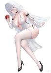  1girl a2_(fruit_of_temptation)_(azur_lane) a2_(nier:automata) absurdres artist_name azur_lane black_panties black_shoes blue_eyes breasts cleavage commentary detached_sleeves dress food fruit high_heels highres holding holding_food holding_fruit large_breasts long_hair long_sleeves nier:automata nier_(series) official_alternate_costume panties shoes side-tie_panties simple_background solo thighhighs underwear white_background white_dress white_thighhighs xhxcw 