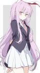  1girl absurdres animal_ears arm_behind_back black_vest blazer blush border closed_mouth commentary grey_background highres jacket long_hair long_sleeves looking_at_viewer necktie purple_hair rabbit_ears rabbit_girl red_eyes red_necktie reisen_udongein_inaba sidelocks simple_background skirt solo touhou vbasiliskv very_long_hair vest white_border white_skirt 