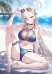  1girl arm_on_knee arm_support arm_up asuna_(blue_archive) asuna_(c108_swimsuit)_(blue_archive) bare_shoulders barefoot beach bikini black_choker blonde_hair blue_archive blue_bikini blue_eyes blue_halo blue_nails blue_ribbon breasts choker cleavage collarbone commentary_request day eyes_visible_through_hair feet full_body hair_between_eyes hair_ornament hair_over_one_eye hair_ribbon halo highres knee_up large_breasts layered_bikini legs lens_flare long_hair looking_at_viewer mole mole_on_breast mountain nail_polish navel ocean official_alternate_costume on_ground outdoors paid_reward_available palm_tree parted_lips partial_commentary ribbon see-through_cleavage see-through_clothes sideboob sidelocks sitting smile solo sparkle stomach sunglasses sunlight swimsuit thigh_strap thighs toenail_polish toenails toes tree very_long_hair waves yellow-framed_eyewear zaregoto_tsukai_no_deshi 