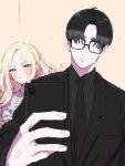  1boy 1girl absurdres black-framed_eyewear black_hair black_jacket black_necktie black_shirt blonde_hair blush cellphone closed_mouth collared_shirt commentary_request frown gakuen_idolmaster glasses highres holding holding_phone idolmaster jacket juo_sena kasasagi_(futagodori888) long_hair multicolored_hair necktie phone pink_streaks producer_(idolmaster) purple_eyes rectangular_eyewear shirt short_hair smartphone streaked_hair sweat v-shaped_eyebrows 