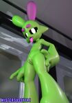 3d_(artwork) abs absurd_res alien ambiguous_gender antennae_(anatomy) breasts digital_media_(artwork) featureless_breasts genitals glistening glistening_body glowing glowing_eyes glowing_tongue green_body hand_on_butt hi_res humanoid looking_at_viewer looking_down looking_down_at_viewer looking_pleasured low-angle_view lying mistersussyfaz nude plump_labia pose seductive solo space spacecraft spaceship_interior sploot_(unknownspy) tongue tongue_out vehicle vulva