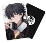  1boy absurdres basketball_jersey basketball_uniform black_eyes black_hair black_jacket black_tank_top choi_jongsu chu_yeon close-up collared_jacket commentary_request garbage_time headphones headphones_around_neck highres holding holding_headphones jacket korean_commentary looking_at_viewer lower_eyelashes_only mousepad_(object) orange_trim pectoral_cleavage pectorals portrait simple_background sportswear tank_top track_jacket white_background 