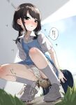  1girl bag black_hair blue_dress brown_eyes collared_shirt commentary_request day defecating defecating_self dress full_body grass grey_shoes highres long_hair low_twintails menoria original outdoors panties parted_lips pee peeing pinafore_dress scat school_bag shirt shoes short_sleeves sleeveless sleeveless_dress sneakers socks solo speech_bubble squatting sweat tearing_up thought_bubble translation_request twintails underwear white_panties white_shirt white_socks 