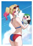 1girl ass bikini blonde_hair blue_eyes blue_hair breasts commentary dc_comics english_commentary eyeshadow eyewear_on_head fingerless_gloves from_behind gloves gradient_hair harley_quinn highres looking_back makeup multicolored_hair nekoramen222 outside_border pink_hair short_twintails smile solo sunglasses swimsuit twintails 