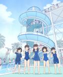  6+boys 6+girls absurdres baseball_cap bikini black_hair blue_hat blue_one-piece_swimsuit blue_shirt blue_shorts blue_skirt blue_sky bow brown_hair chair cloud commentary_request double_v hair_bow hat highres kiyo_(kyokyo1220) lifeguard lifeguard_chair long_hair looking_at_viewer multiple_boys multiple_girls one-piece_swimsuit orange_shorts original palm_tree pink_bikini pink_one-piece_swimsuit pool shirt short_hair shorts skirt sky slide spiral_staircase stairs swimsuit tree twintails v water water_slide waterpark white_bow yellow_shorts 