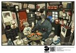  1boy 1girl calendar_(object) cat chopsticks clock commentary_request dekamofuchan eating electric_fan fish food furry highres house japanese_clothes mask newspaper on_floor oni_mask original radio rice_cooker translation_request 