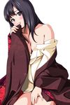  bare_shoulders black_hair blush breasts cleavage collarbone covering covering_crotch covering_mouth cowboy_shot eyebrows eyebrows_visible_through_hair floral_print grey_eyes head_tilt highres japanese_clothes kimono long_hair long_sleeves matsunaga_kouyou medium_breasts open_clothes open_kimono original shiny shiny_skin simple_background solo standing tareme thighs white_background 