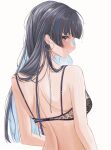  1girl absurdres aqua_hair arms_at_sides black_bra black_hair bra breasts brown_eyes closed_mouth colored_inner_hair commentary_request earrings heart heart_earrings highres idolmaster idolmaster_shiny_colors jewelry lace lace_bra long_hair looking_at_viewer looking_back mayuzumi_fuyuko median_furrow multicolored_hair profile shoulder_blades simple_background solo straight_hair turning_head underwear underwear_only upper_body white_background yamanade38 