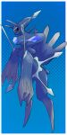  black_sclera blue_background border colored_sclera commentary_request dialga dialga_(origin) full_body hama_sou highres no_humans pokemon pokemon_(creature) pokemon_focus red_eyes solo white_border 
