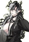  1girl arknights black_hair black_hands black_jacket breasts chest_tattoo closed_eyes colored_extremities commentary_request curly_hair dragon_girl dragon_horns earrings genderswap genderswap_(mtf) hand_up highres hkhammm horns jacket jewelry large_breasts long_pointy_ears multicolored_hair multiple_rings open_clothes open_jacket parted_lips pointy_ears ring solo tattoo wang_(arknights) white_hair 