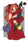  1girl absurdres blue_eyes blush bolt_action bottle breasts cat cleavage commentary dress drink epic_battle_fantasy flower grey_background gun hair_ribbon highres holding holding_bottle lee-enfield long_hair long_sleeves natalie_(epic_battle_fantasy) nolegs_(epic_battle_fantasy) orange_hair rbfnrbf_(mandarin) red_dress red_flower red_ribbon ribbon rifle weapon wine_bottle 