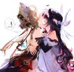  ...? 2girls arm_ribbon arms_around_another's_back bad_source bare_shoulders black_collar black_dress black_hair black_sleeves blue_eyes blush bonnet braid braided_base breasts brown_hair bun_with_braided_base closed_eyes closed_mouth collar columbina_(genshin_impact) detached_sleeves dress genshin_impact gradient_hair hair_bun hair_ornament hand_on_lap head_wings headdress heart heart-shaped_hair highres hug kiss kissing_neck long_hair long_sidelocks long_sleeves multicolored_hair multiple_girls multiple_wings nideqiulin purple_hair purple_streaks ribbon sandrone_(genshin_impact) short_hair short_hair_with_long_locks sidelocks simple_background streaked_hair two-tone_hair very_long_hair white_background white_dress white_headdress white_wings winding_key wing_hair_ornament wings wrist_bow yuri 