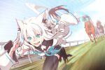  ahoge animal_ear_fluff animal_ears aqua_eyes black_shorts black_tail black_thighhighs braid commentary crossed_bangs double-parted_bangs extra_ears fox_ears fox_girl fox_tail full_body highres hololive horse hyde_(tabakko) long_hair low-tied_long_hair multicolored_tail neckerchief outdoors pentagram railing running shirakami_fubuki shirakami_fubuki_(1st_costume) shorts side_braid sidelocks single_braid single_thighhigh sky sweat tail thighhighs untranslatable_commentary virtual_youtuber white_hair white_tail 