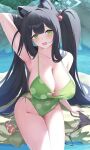  absurdres arm_behind_head armpits beads black_hair blue_archive blue_halo blush breasts cleavage commentary_request green_eyes green_one-piece_swimsuit hair_beads hair_ornament halo hand_in_own_hair highres huge_breasts kareya_(jixo95821699) long_hair official_alternate_costume official_alternate_hairstyle one-piece_swimsuit open_mouth polka_dot_one-piece_swimsuit shun_(blue_archive) shun_(small)_(blue_archive) shun_(small)_(swimsuit)_(blue_archive) swimsuit twintails very_long_hair 