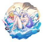  1girl absurdres bare_arms bare_shoulders beach bikini breasts closed_mouth commentary creature derby_(dabidabi) english_commentary facial_mark full_body green_eyes hair_ornament halo heart heart_facial_mark highres holding honkai:_star_rail honkai_(series) legs long_hair looking_at_viewer lying ocean official_alternate_costume on_side print_bikini purple_hair robin_(honkai:_star_rail) robin_(summeretto)_(honkai:_star_rail) rock sandals solo star_(symbol) star_facial_mark star_hair_ornament star_print star_print_bikini sunglasses swim_ring swimsuit thighhighs white_bikini white_sandals yellow_halo 