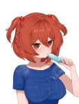  1girl absurdres blue_shirt blush breasts clothes_writing collarbone commentary_request cookie_(touhou) food food_in_mouth highres large_breasts onozuka_komachi popsicle popsicle_in_mouth red_eyes red_hair shirt shishou_(cookie) short_hair simple_background solo touhou two_side_up ukiuki_ukio upper_body white_background 