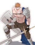  1boy abs absurdres acrylic_stand_(object) alternate_pectoral_size armor bara bare_pectorals beard chinstrap_beard commentary_request facial_hair full_body hebaron_nirta highres holding holding_shield holding_sword holding_weapon huge_pectorals knight korean_commentary legs_apart looking_at_viewer male_focus mature_male muscular muscular_male navel nipples orange_hair pants pauldrons pectorals serious sharks_line3 shield short_hair shoulder_armor shredded_muscles sideburns_stubble simple_background single_pauldron smirk solo stomach stubble sword thick_eyebrows under_the_oak_tree v-taper wavy_hair weapon white_background 