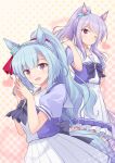  2girls alternate_hairstyle animal_ears aqua_bow blue_hair blush bow bowtie braid breasts closed_mouth commentary_request crown_braid ear_bow ear_ribbon highres horse_ears horse_girl horse_tail long_hair looking_at_viewer medium_breasts mejiro_ardan_(umamusume) mejiro_mcqueen_(umamusume) multiple_girls one_eye_closed open_mouth ponytail puffy_short_sleeves puffy_sleeves purple_bow purple_bowtie purple_eyes purple_hair purple_shirt purple_skirt sailor_collar sailor_shirt school_uniform shirt shizuna_kaede short_sleeves skirt small_breasts smile summer_uniform tail tracen_school_uniform umamusume white_sailor_collar white_skirt 