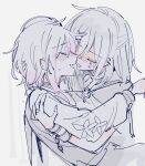  2girls chain choker closed_eyes commentary_request cuffs flower-trimmed_sleeves french_kiss gradient_hair grey_hair hair_between_eyes hair_ornament hat highres hug imminent_kiss kiss long_sleeves mahou_shoujo_no_majo_saiban multicolored_hair multiple_girls nox_laurant open_mouth pink_hair sakuraba_ema shackles shito_alisa short_hair simple_background white_background white_hair x_hair_ornament yuri 