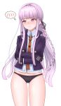  1girl absurdres ass_visible_through_thighs black_bow black_gloves black_jacket black_panties black_ribbon black_suit blunt_bangs blunt_ends blush bow bow_panties braid closed_mouth collared_shirt commentary_request cowboy_shot crossed_arms danganronpa:_trigger_happy_havoc danganronpa_(series) dress_shirt embarrassed gloves hair_ribbon highres hime_cut jacket kirigiri_kyoko lips long_hair long_sleeves looking_to_the_side meipasuye necktie no_pants nose_blush open_clothes open_jacket orange_necktie panties party purple_eyes purple_hair ribbon shirt side_braid sidelocks simple_background single_braid solo speech_bubble spoken_blush straight_hair suit teeth thighs underwear very_long_hair white_background white_shirt 